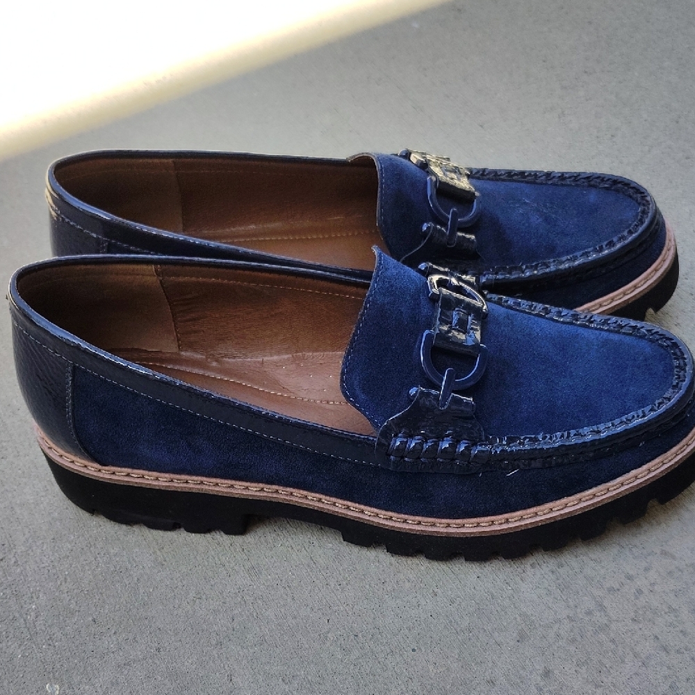 Donald J. Pliner Blue Suede Loafers with Metal Accent